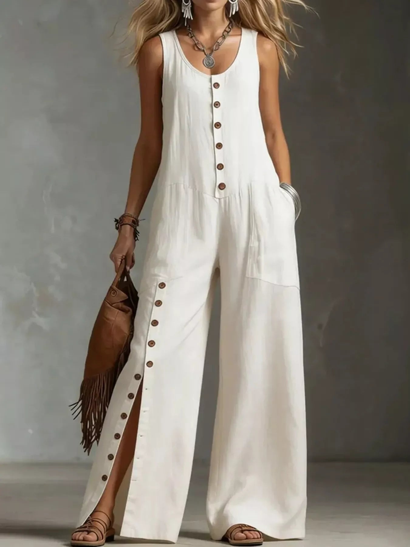 Trendsi Full Size Sleeveless Button-Down Wide-Leg Jumpsuit Plus Size -