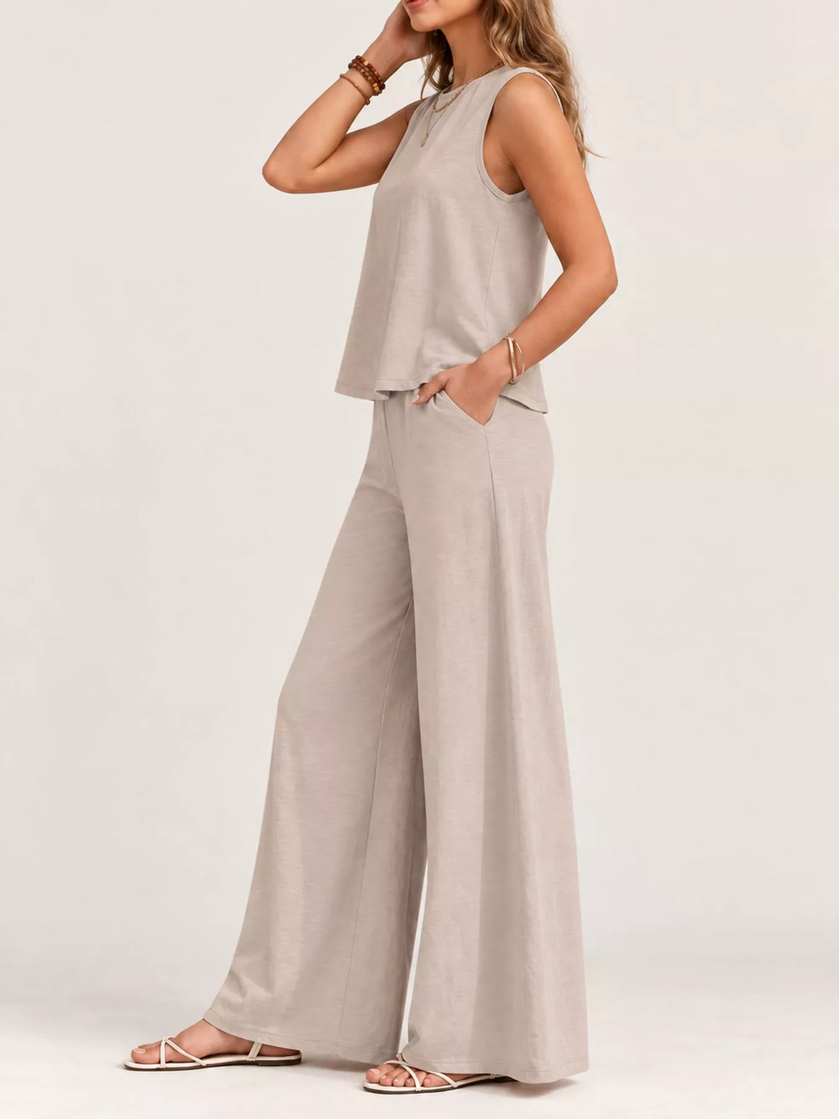 Sleeveless Tank Top and Wide-Leg Pants Set — side view