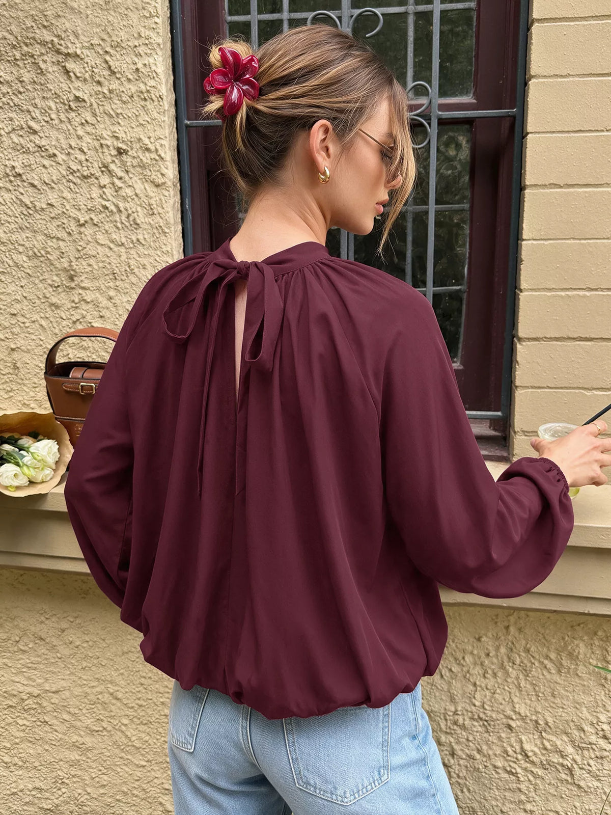 Trendsi Tie Back Balloon Sleeve Blouse -