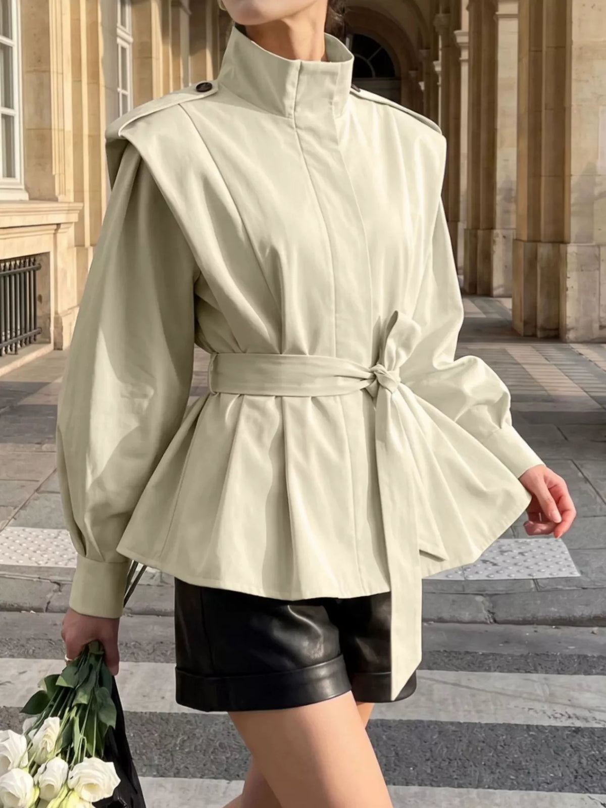 Trendsi Stand-Collar Belted Outerwear -
