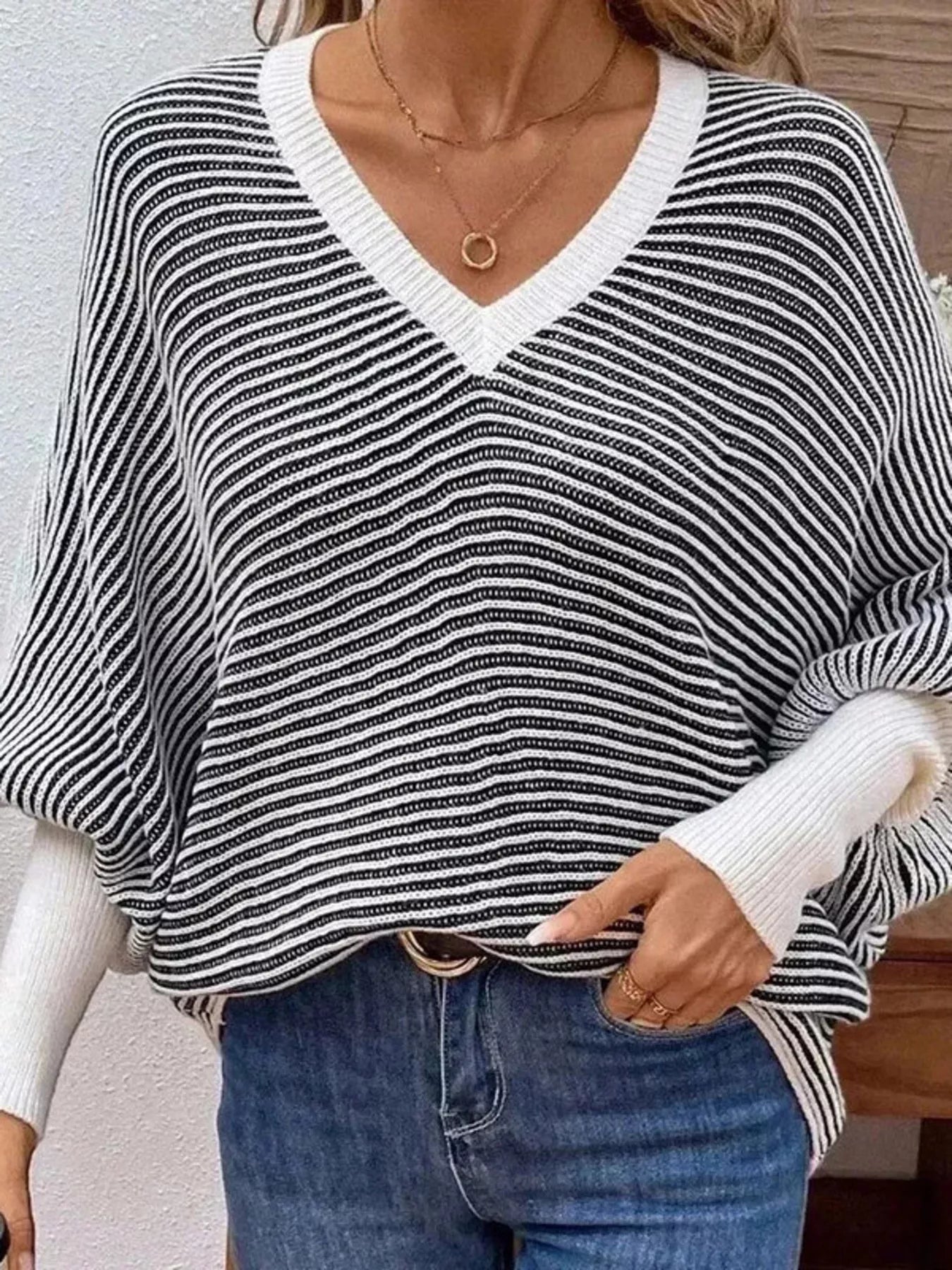Trendsi V-Neck Striped Batwing Sleeve Sweater -