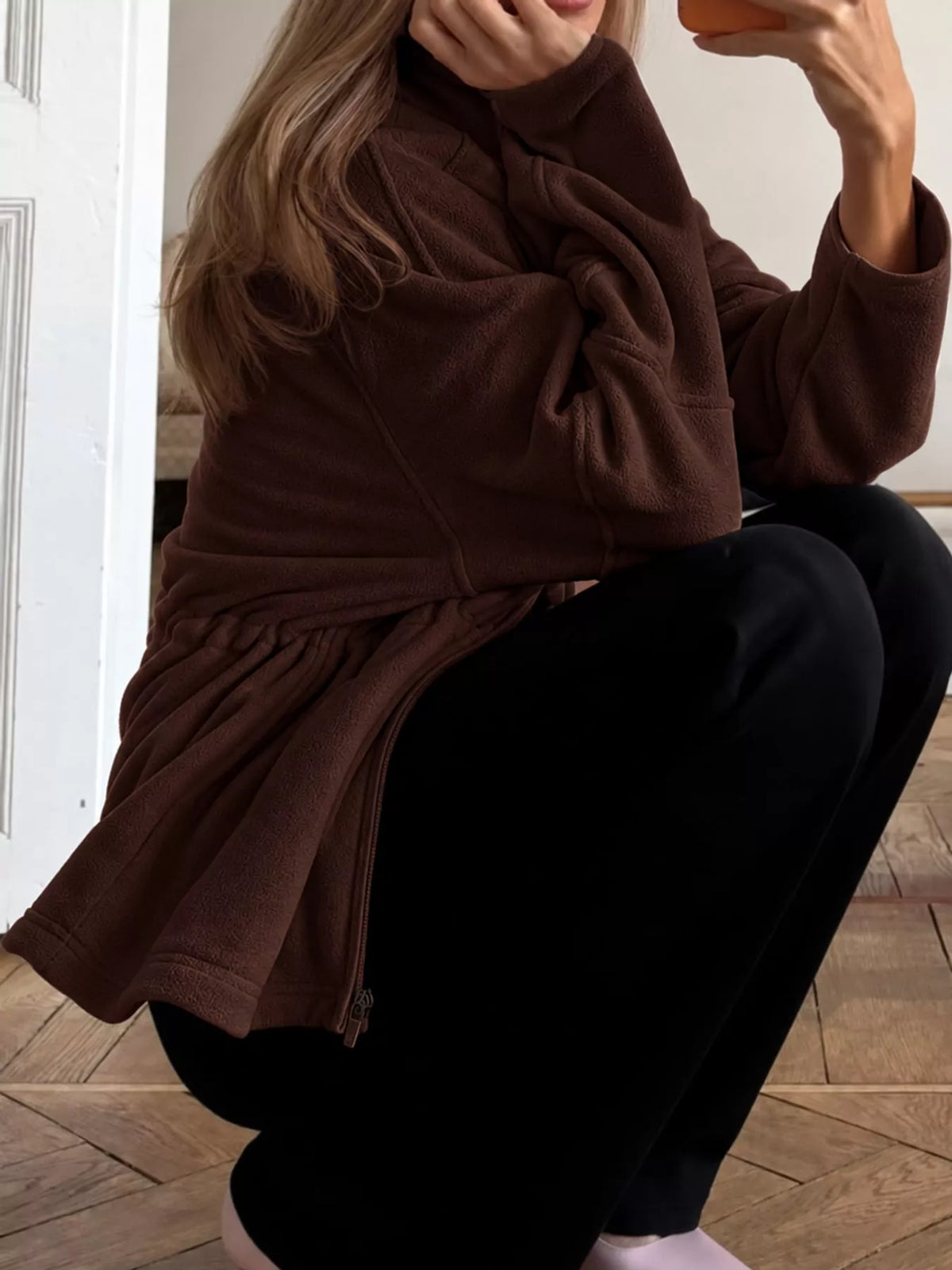 Brown drawstring fleece zip-up jacket