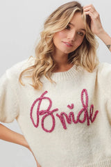 Trendsi BiBi Metallic Letter Short Puff Sleeve Hairy Sweater -