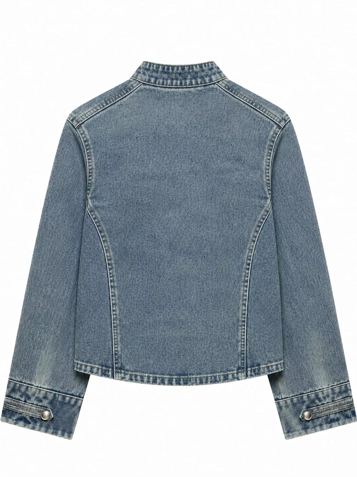 Medium Blue decorative button cropped denim jacket, back view