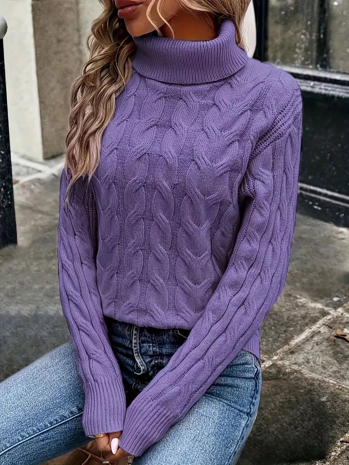 Women's Cable-Knit Turtleneck Sweater in Red, front view