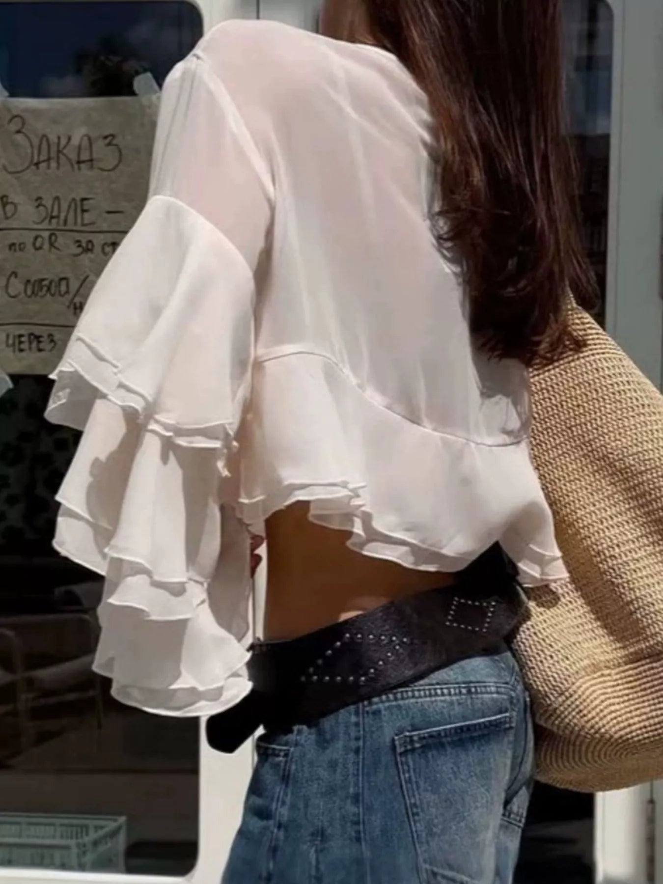 Trendsi Layered Ruffled Hem Flare Sleeves Blouse -