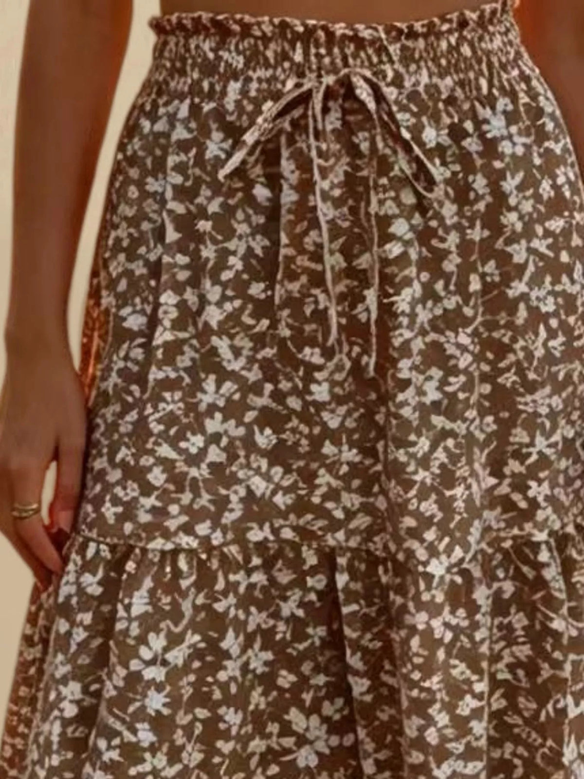 Brown floral drawstring tiered skirt — design and construction details