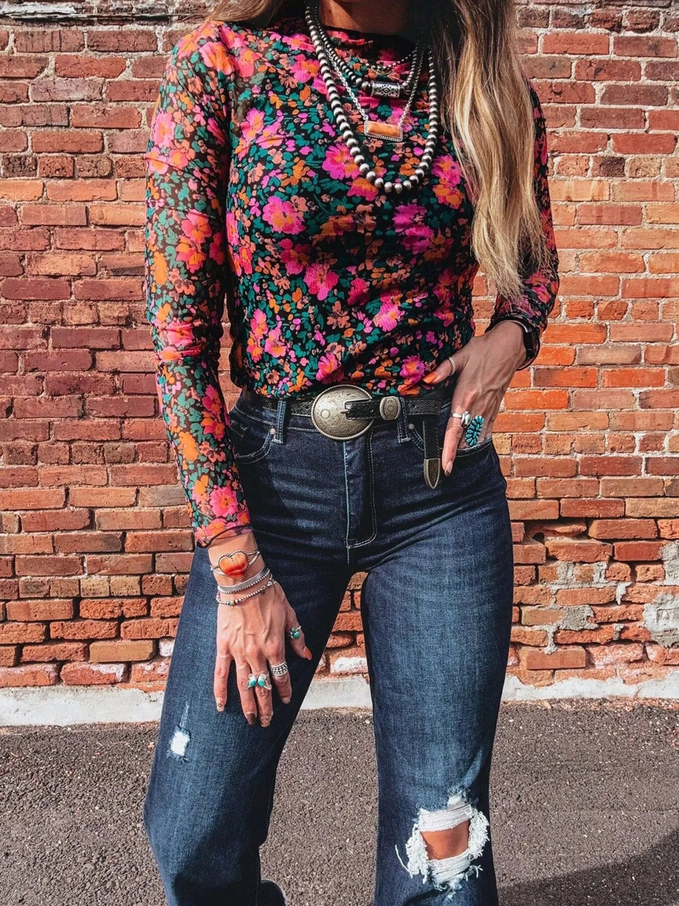 Trendsi Printed Mesh Long Sleeve Slim Fit Top -