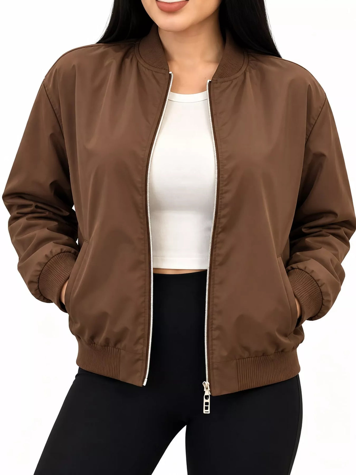 Brown zip-up bomber jacket