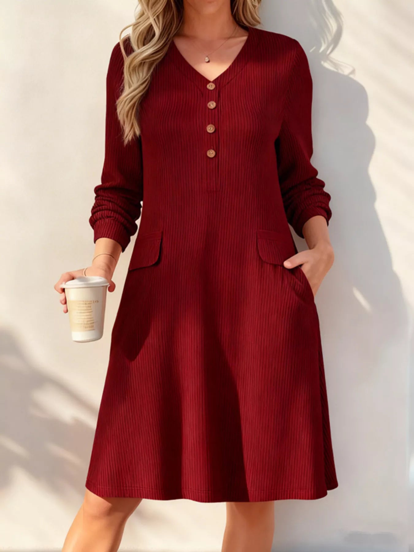 Trendsi Full Size Ribbed Knit V-Neck Dress Plus Size -