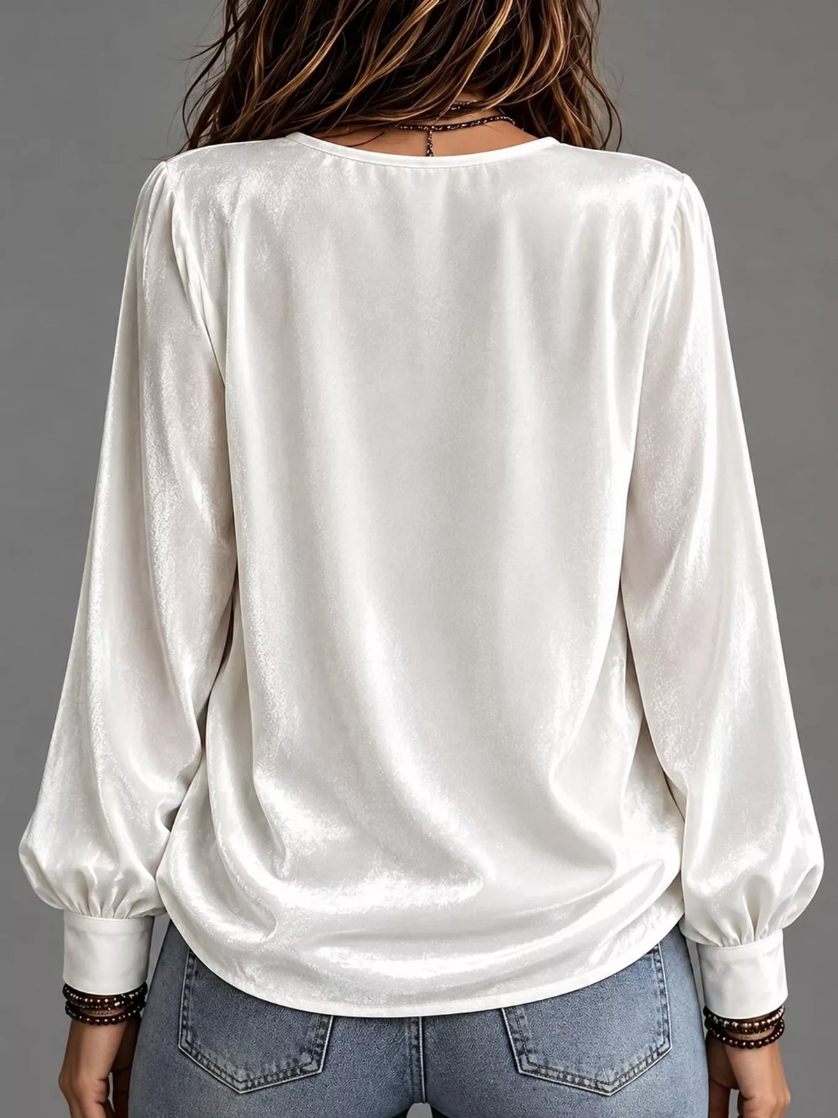 White front bow-tie V-neck top, back view