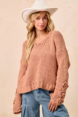 Trendsi BiBi Chunky Knit Sweater with Flower Detail Sleeves -