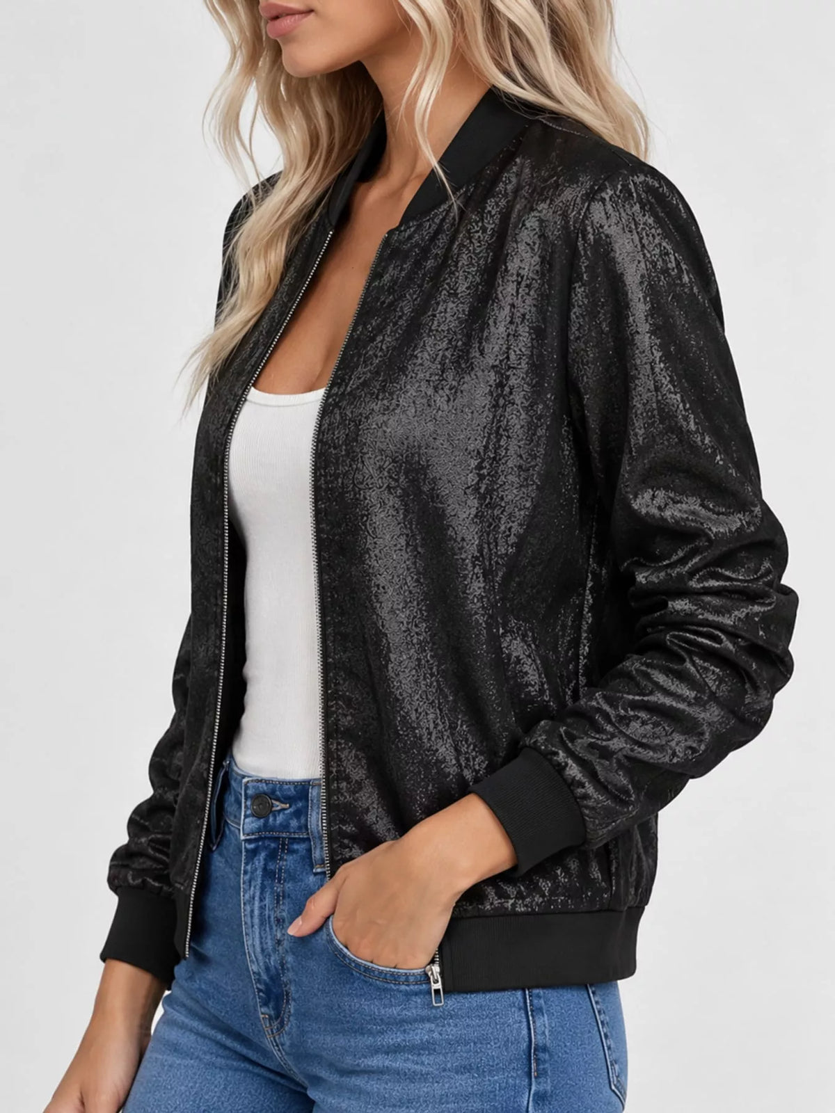 Zip-up bomber jacket, black metallic side