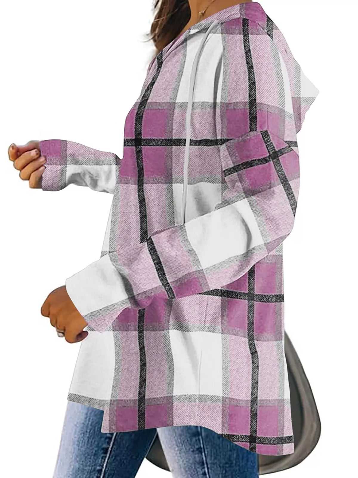 Pink plaid long sleeve hoodie with drawstring