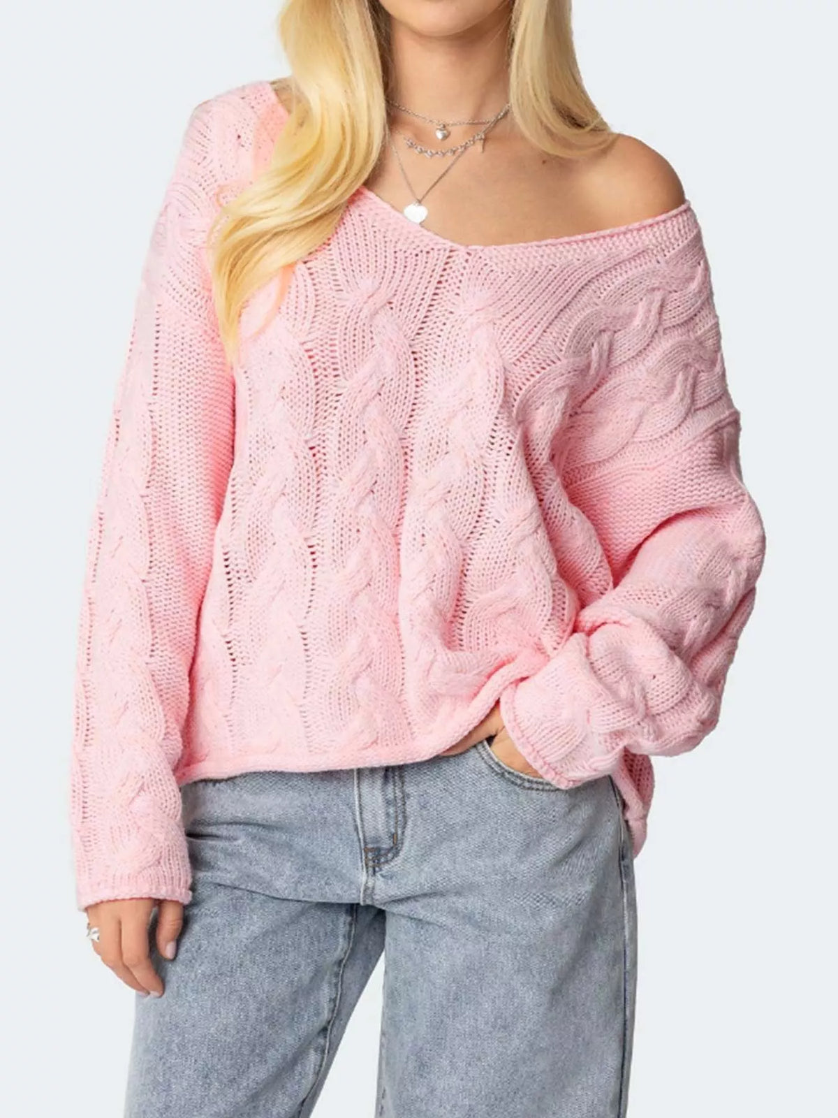 V-neck long sleeve sweater, front view on model