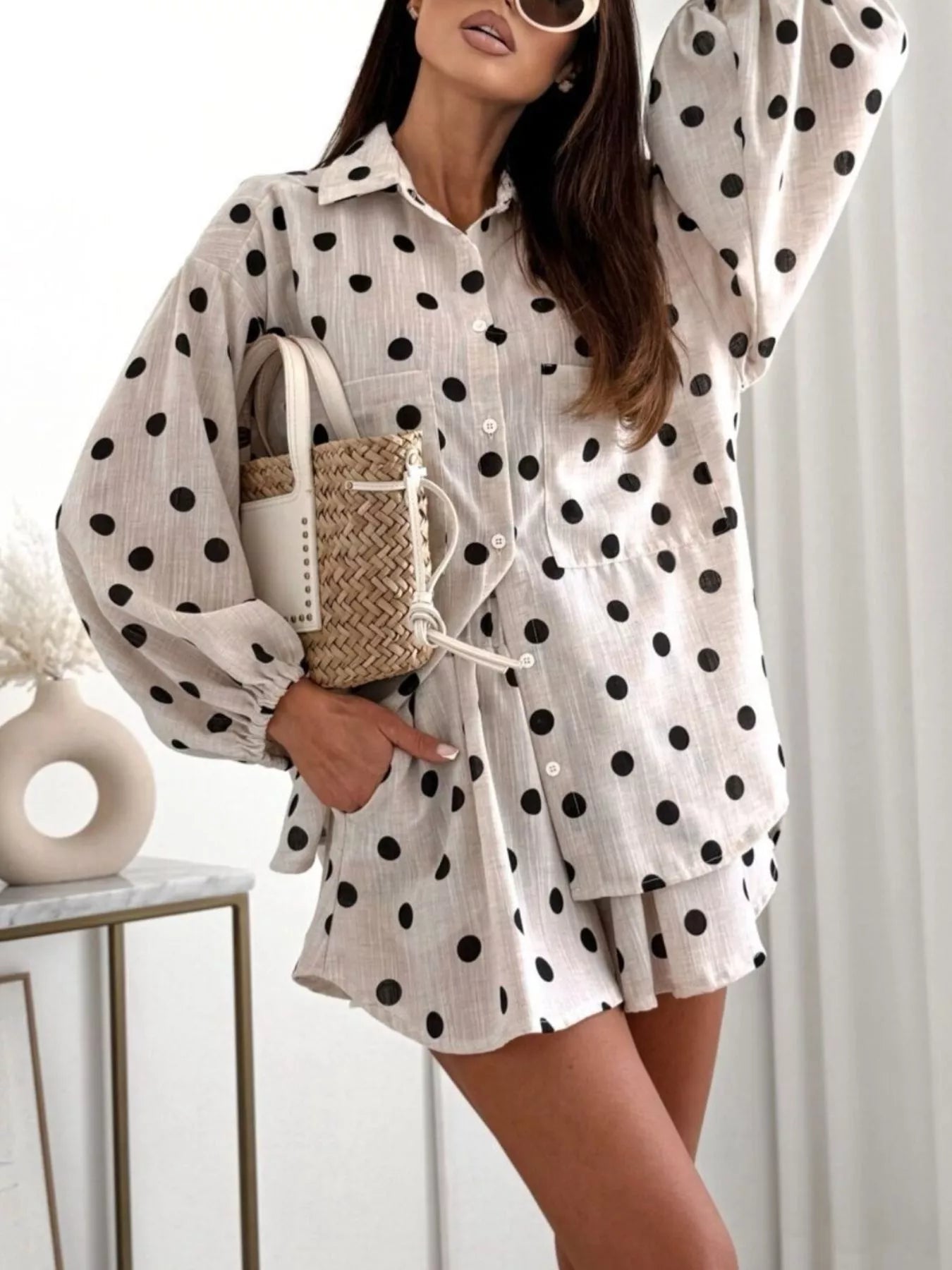 Trendsi Long Sleeve Shirt and High-Waisted Shorts Set -