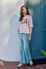 Trendsi SO ME Usa Stripe Knit Short Sleeves Sweater Top -