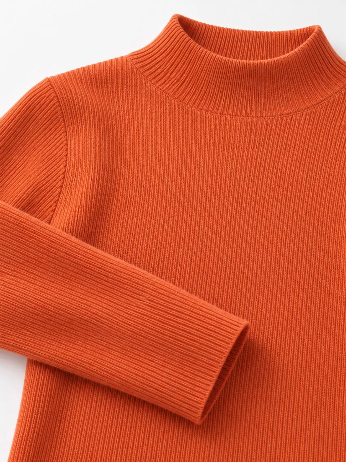 Orange ribbed mock neck long sleeve knit top, ribbed knit and neckline detail