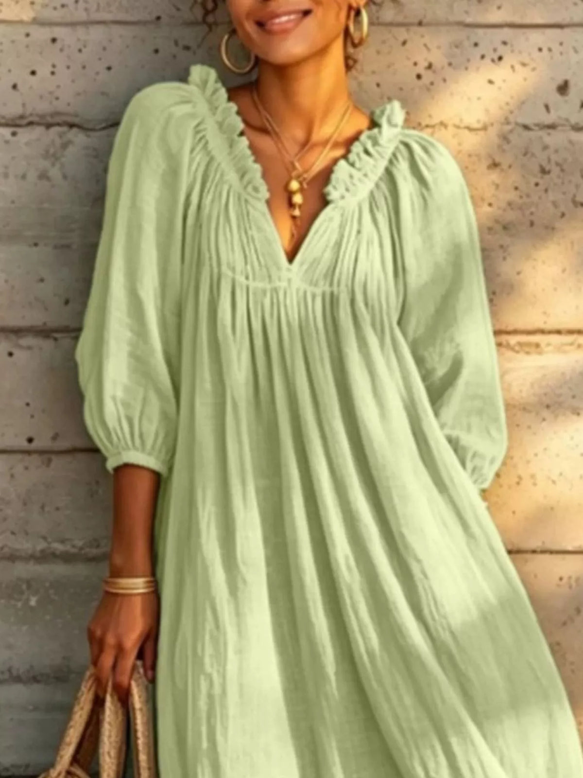 Tiered notched 3/4 sleeve maxi dress