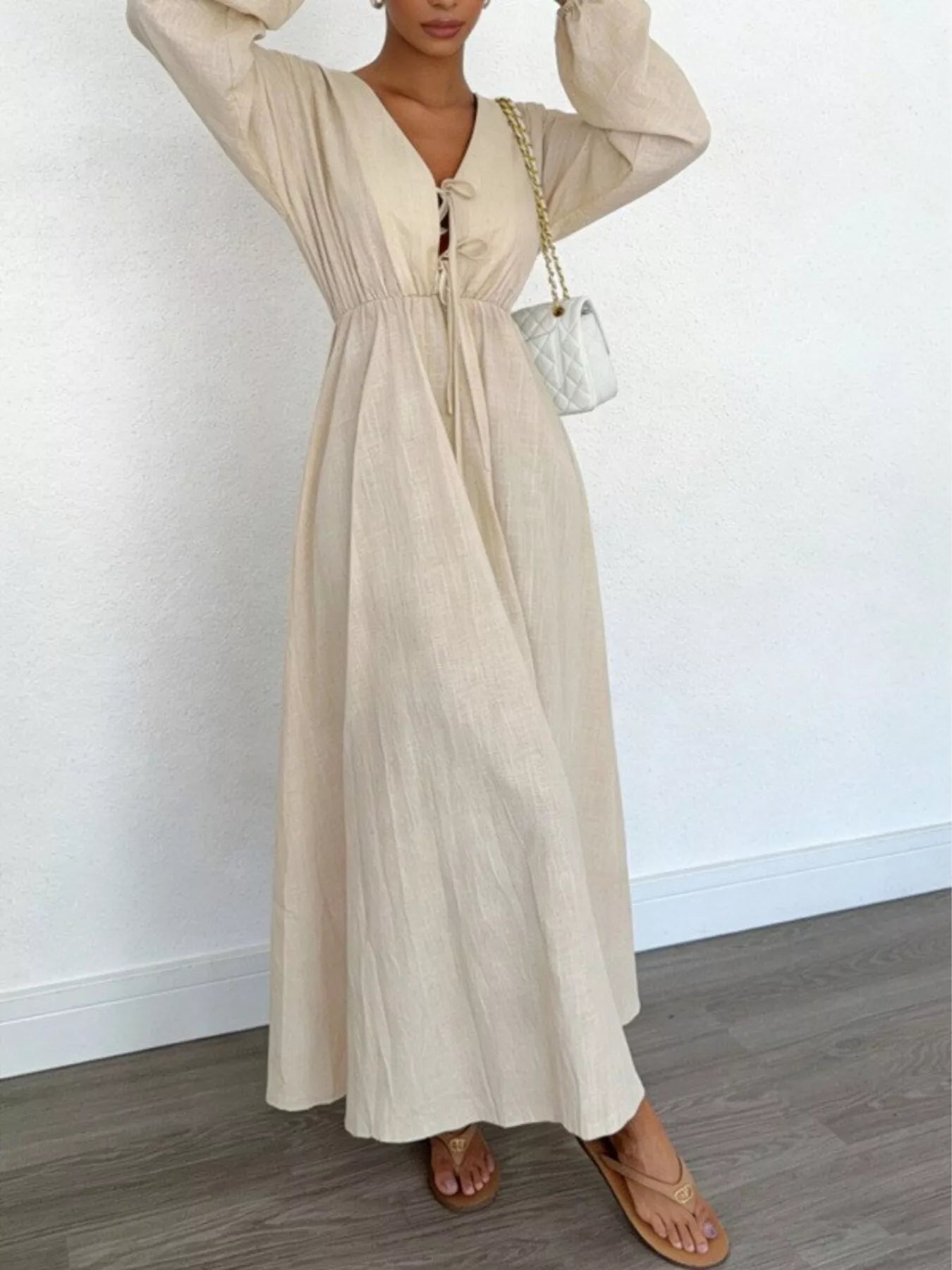 Trendsi Tie Front Balloon Sleeve Maxi Dress -