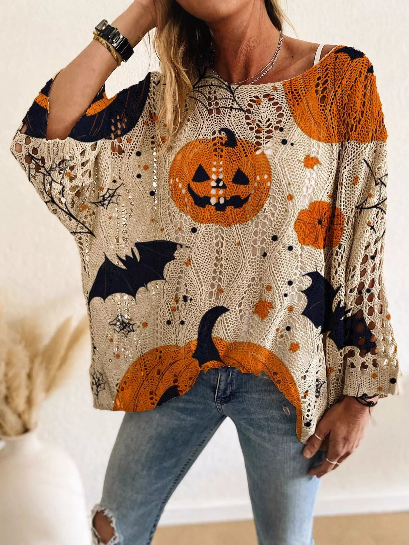 Trendsi Full Size Halloween Pumpkin Loose Knit Cover Up Plus Size -