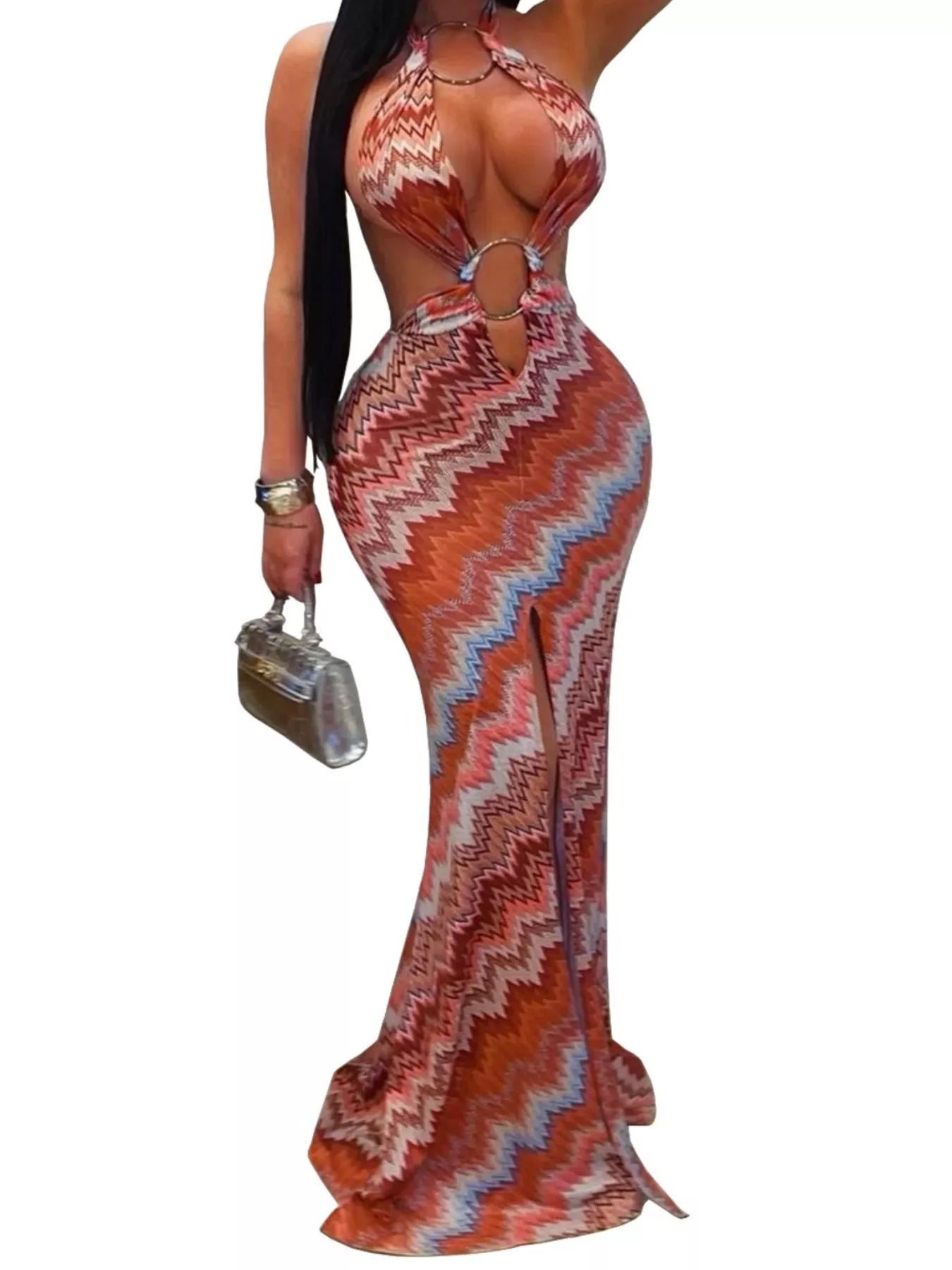 Trendsi Chevron Print Halter Neck Cut-Out Maxi Dress -