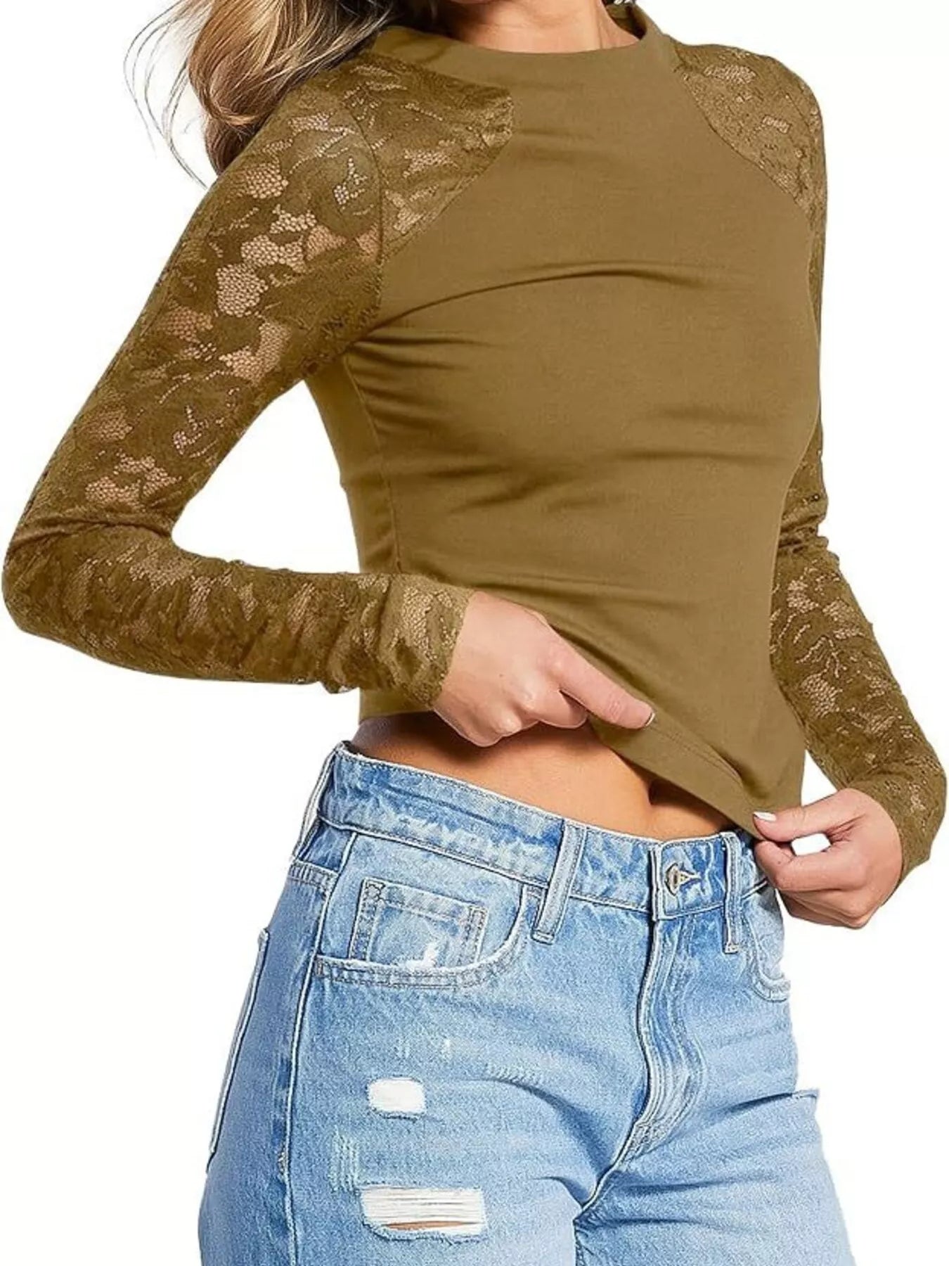 Trendsi Lace Long Sleeve Round Neck T-Shirt -