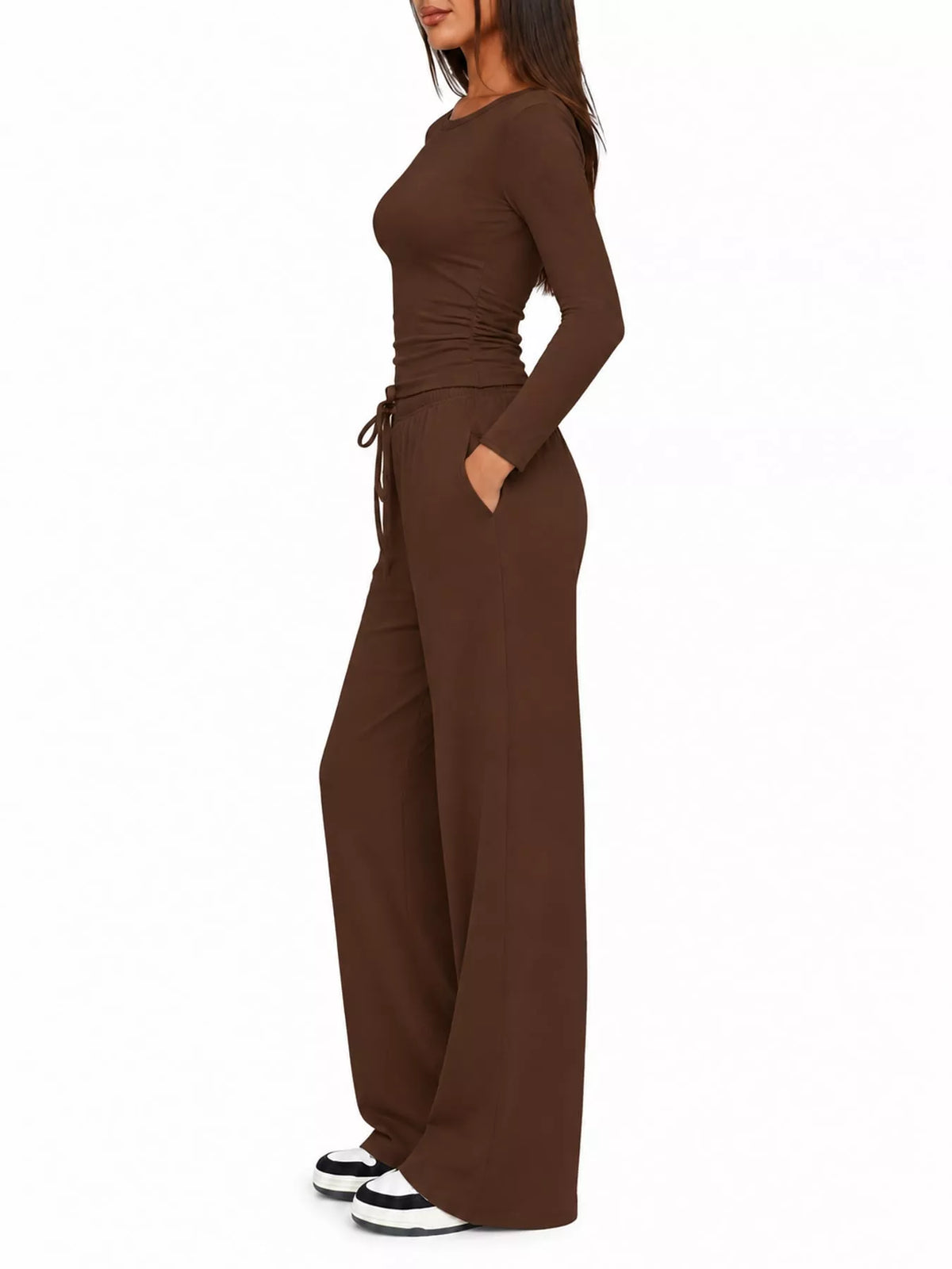 Long Sleeve Top and Wide-Leg Drawstring Pants Set — side view