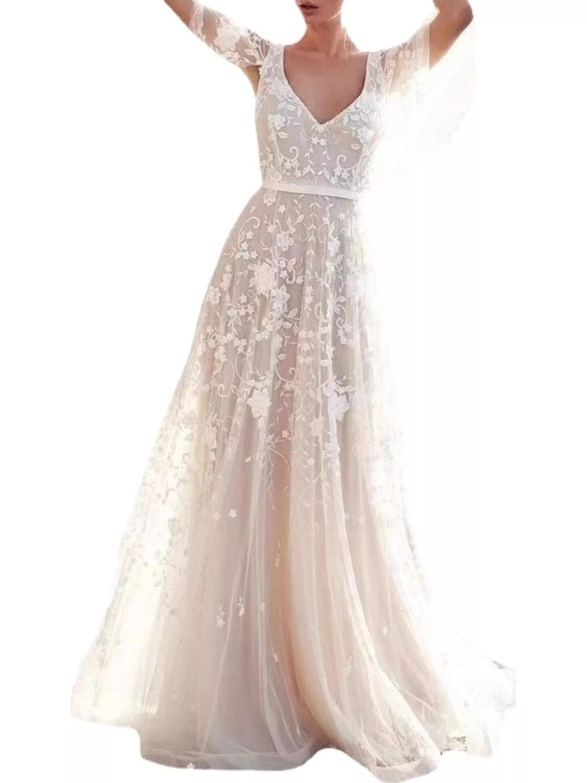 White lace v-neck maxi dress with flutter sleeves