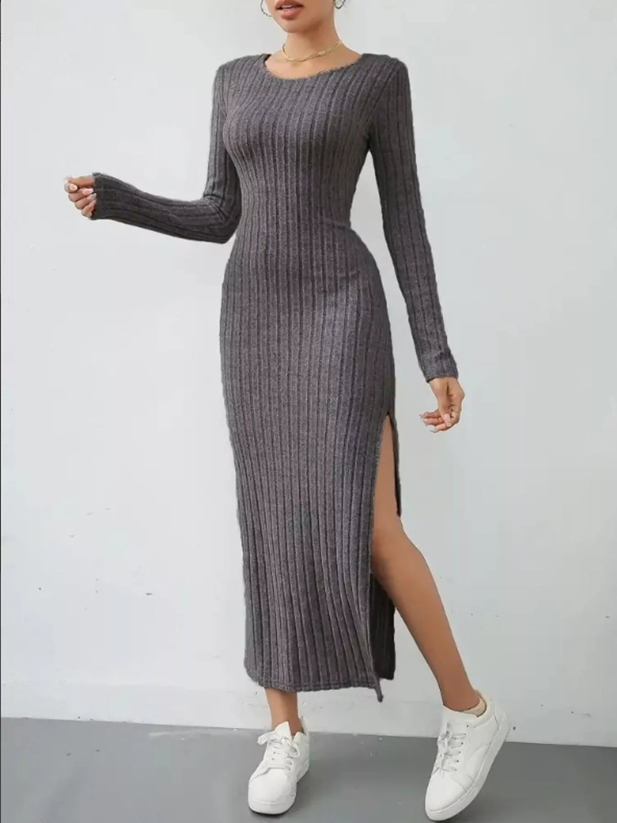 Dark gray ribbed long sleeve knit dress with side slit