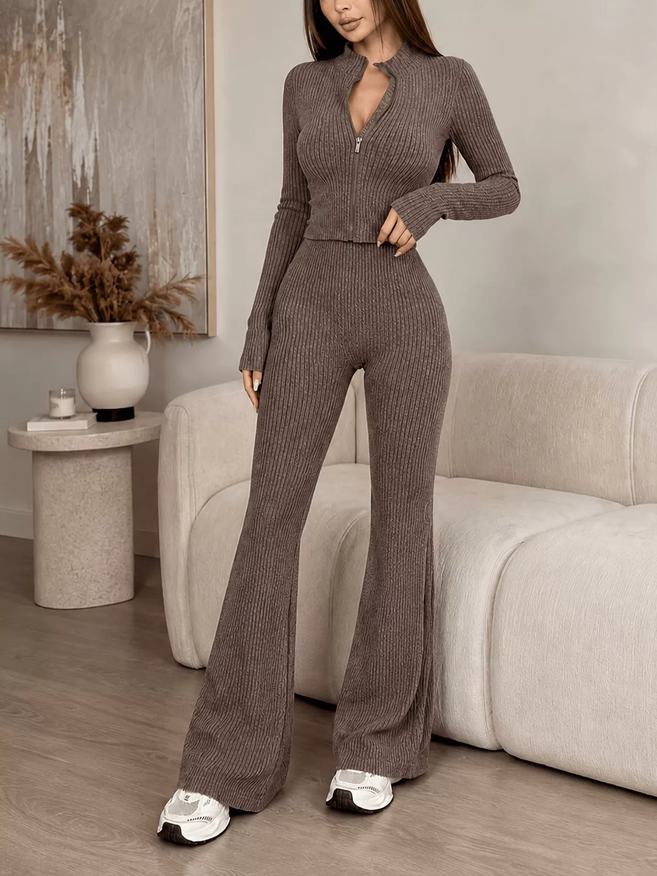 Ribbed zip-up cardigan and pants knit set
