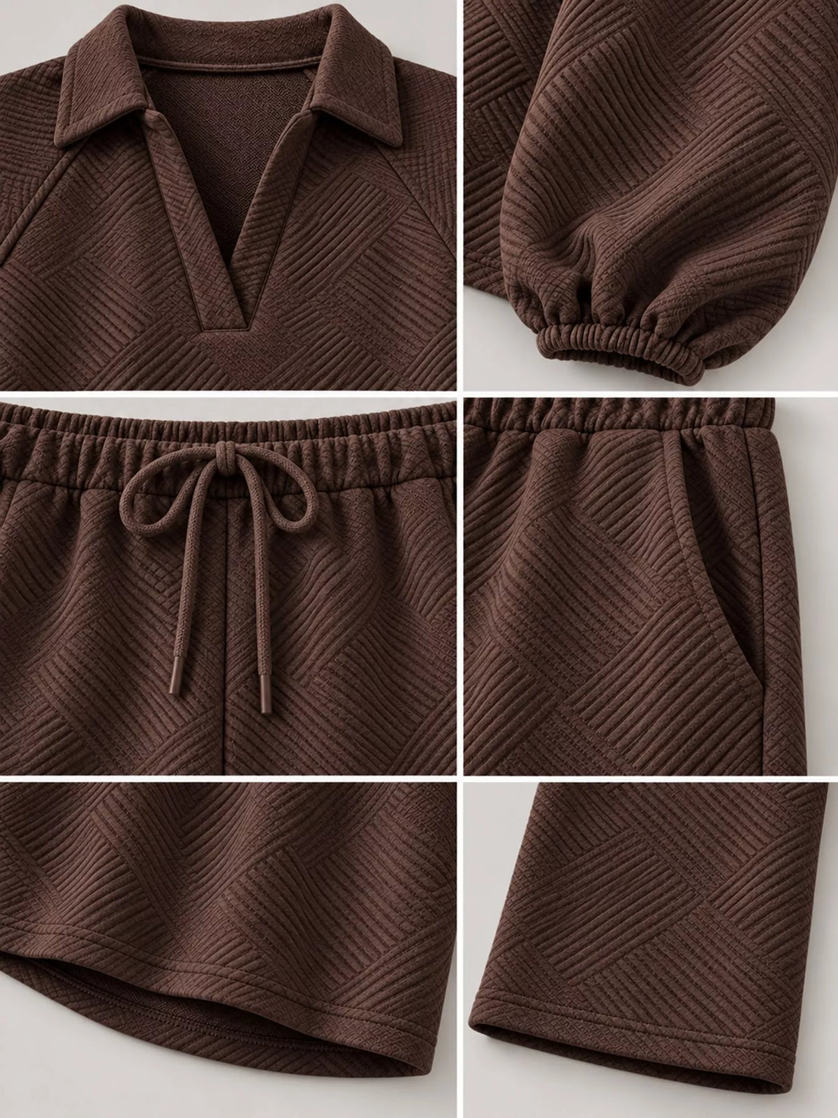 Brown textured polo collar top and wide-leg pants set — design and construction details