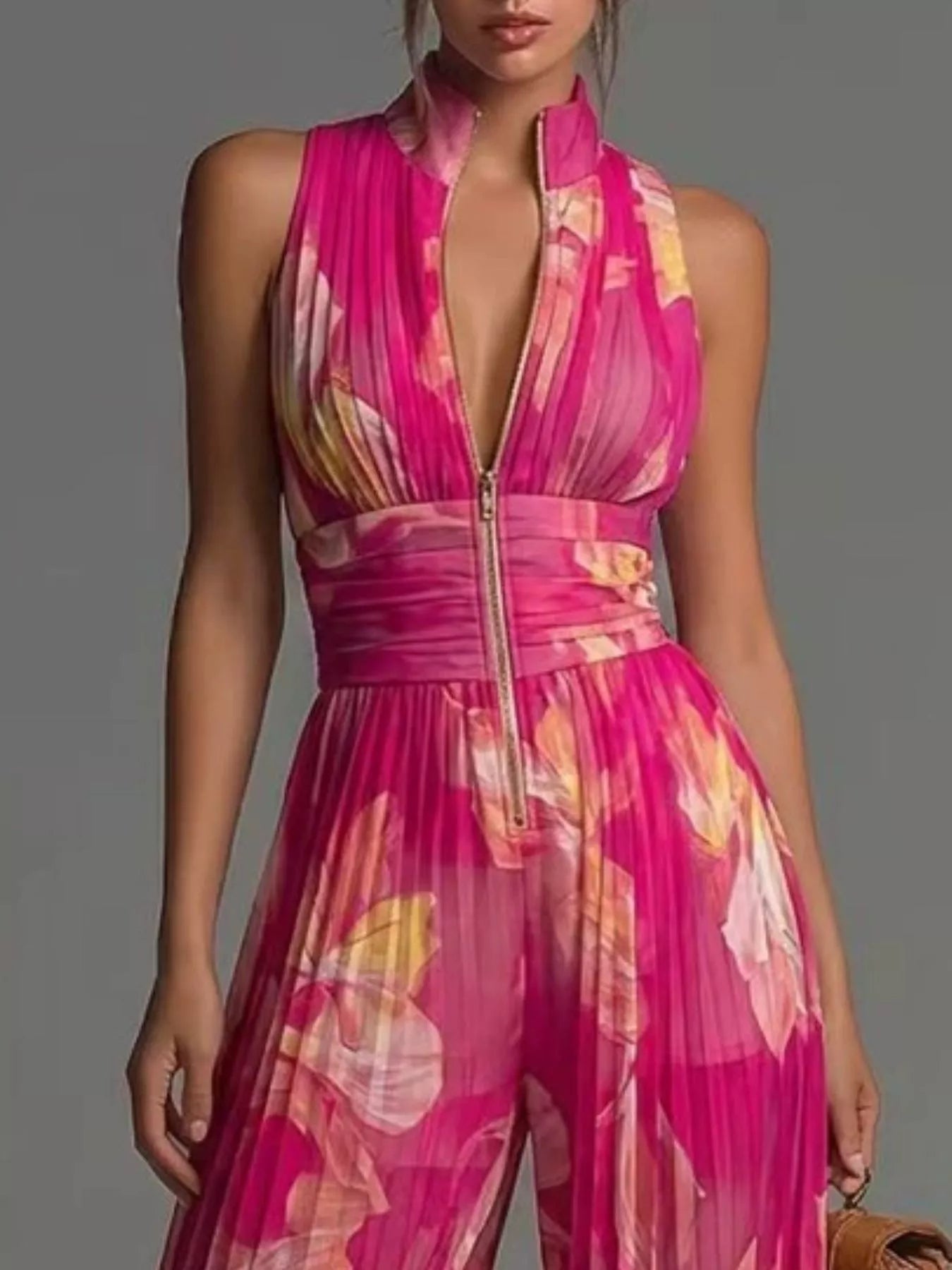 Trendsi Sleeveless Pleated Wide-Leg Jumpsuit with Front Zipper -