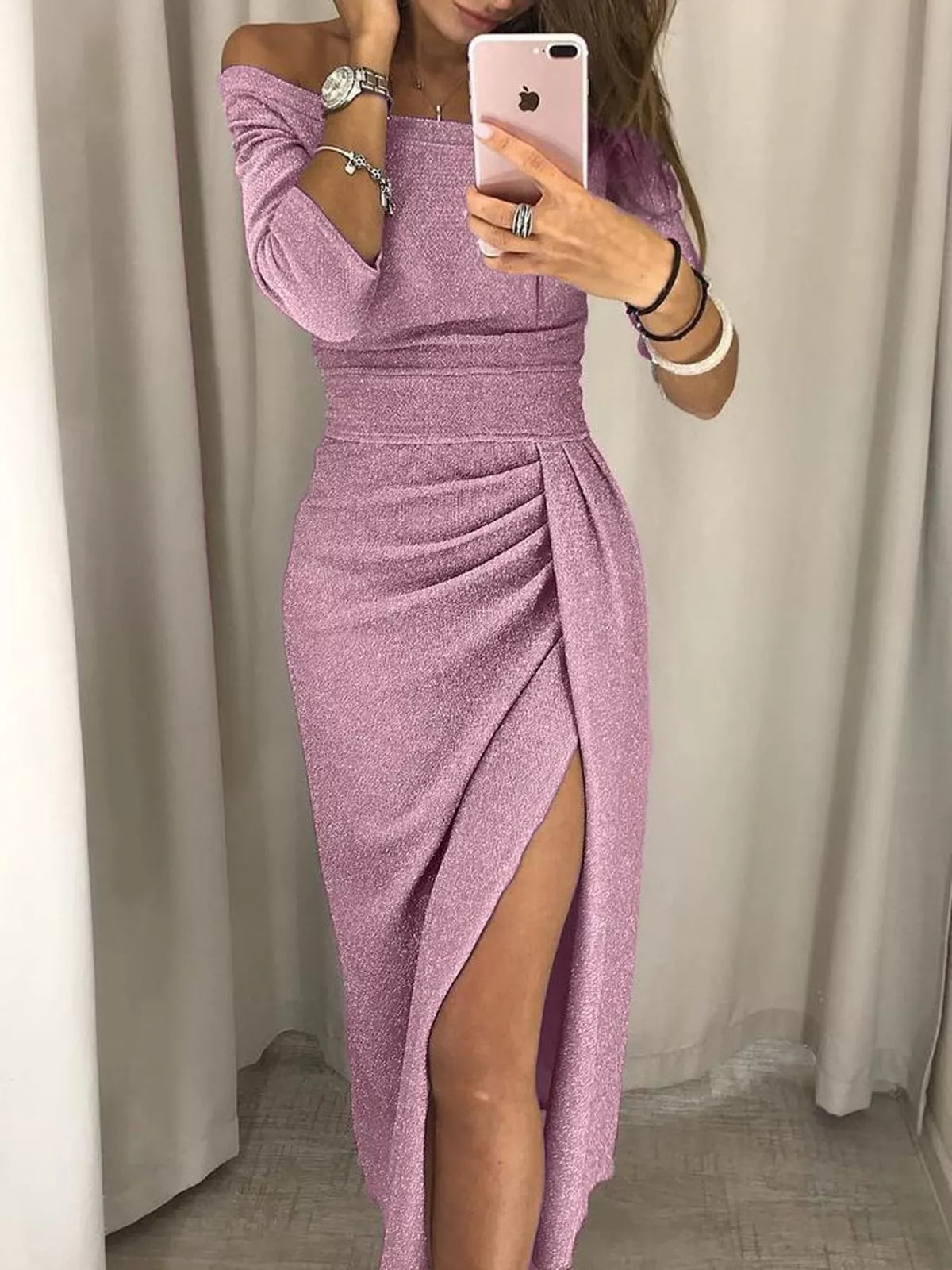 Off-shoulder slit dress, light pink front