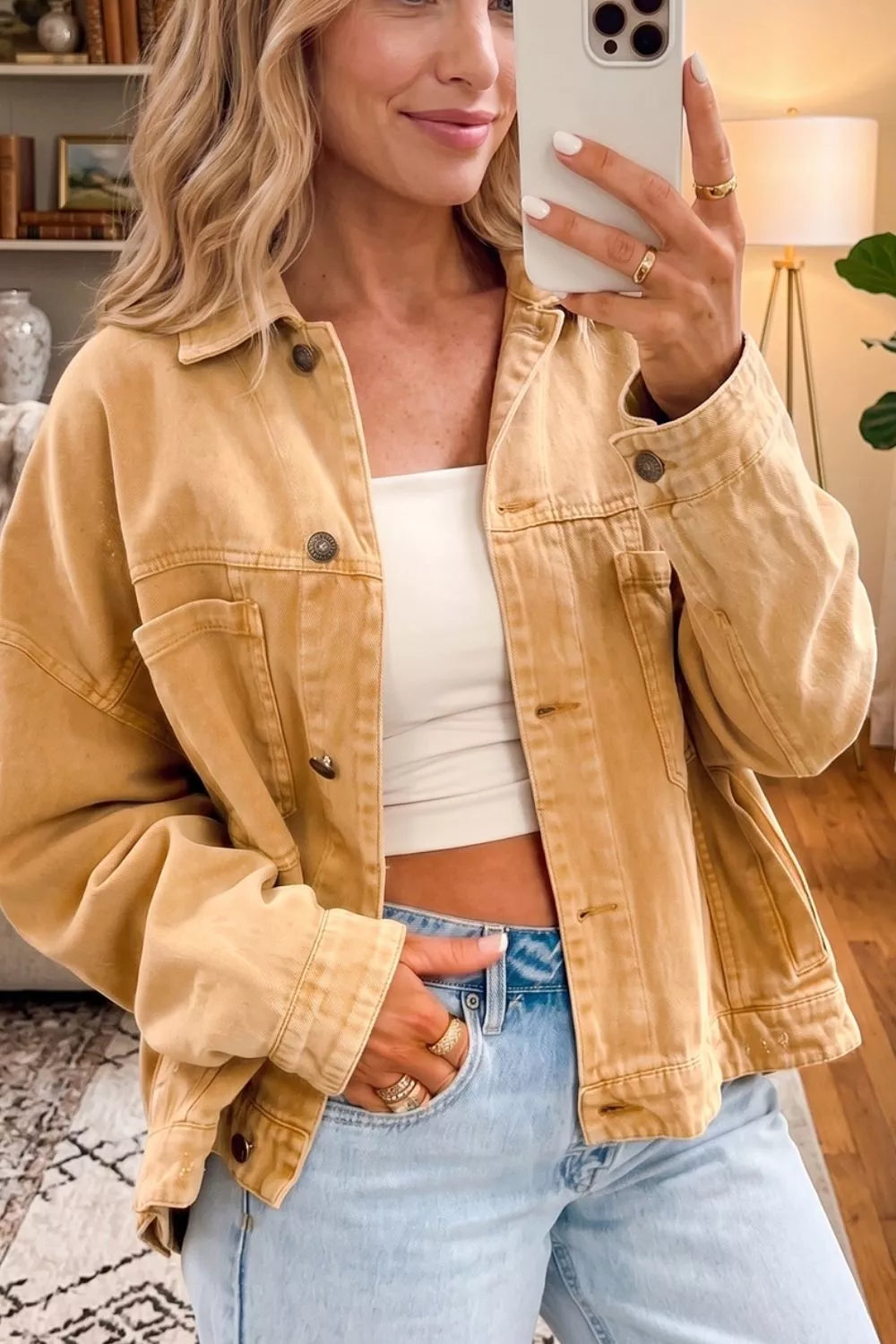 Trendsi Metal Button Front Long Sleeve Collar Denim Jacket -