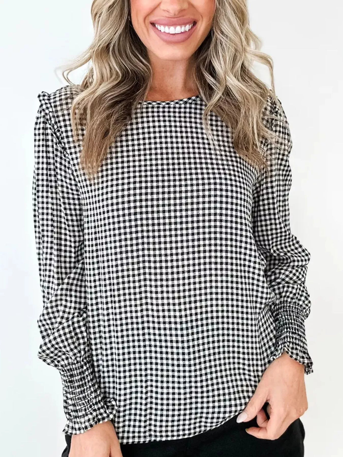 Gingham blouse, untucked front