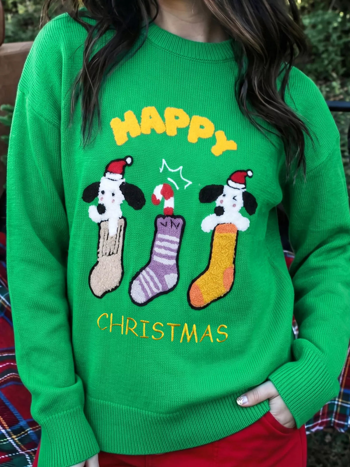 Christmas patch sweater, green dog stocking detail