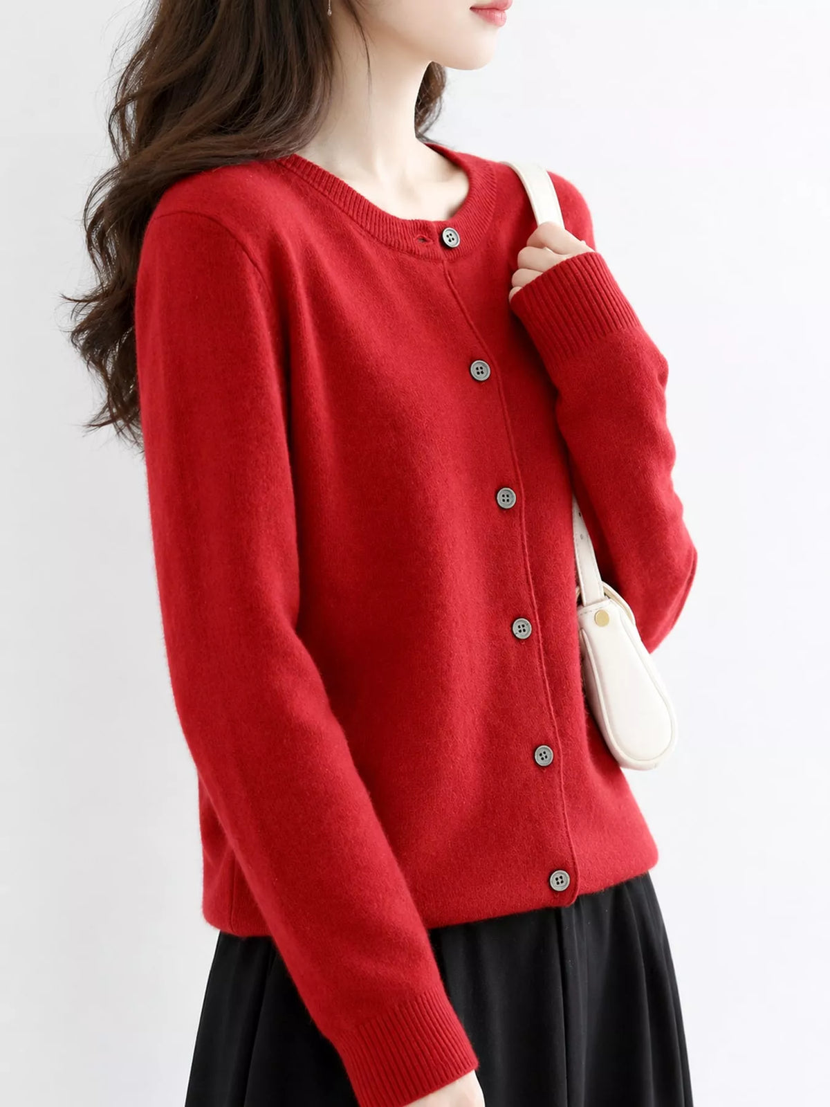 Button-down cardigan, red side