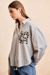 Trendsi BiBi Flower Jacquard Knit Patch Pocket Stripe Shirt -