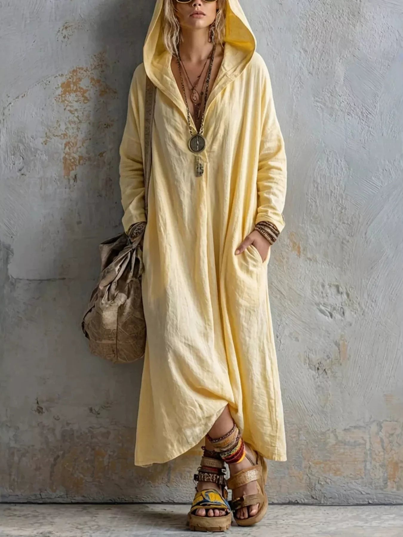 Trendsi Long Sleeve Hooded Midi Dress with Pockets -