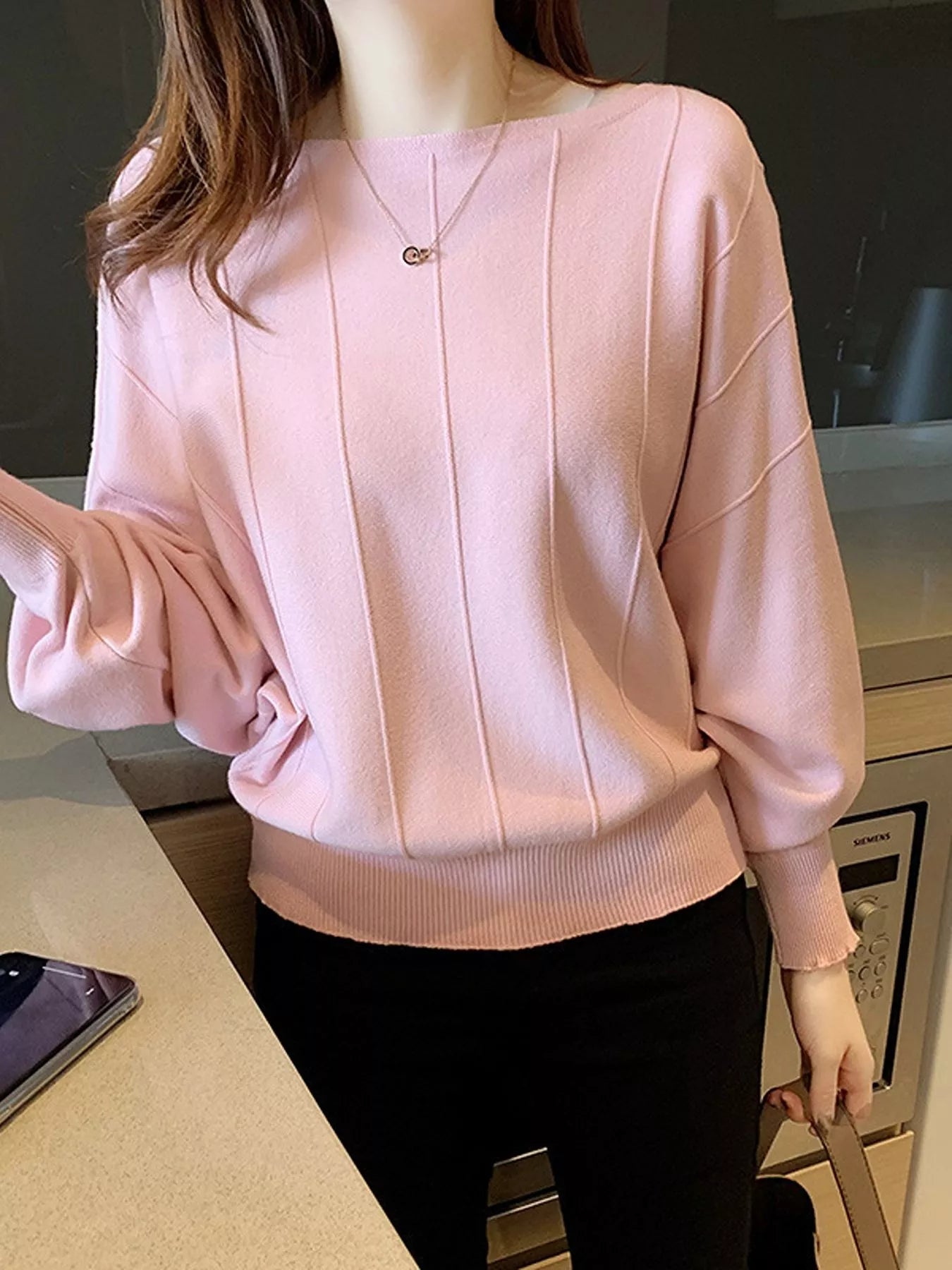 Trendsi Ribbed Hem Batwing Sleeve Knit Top -