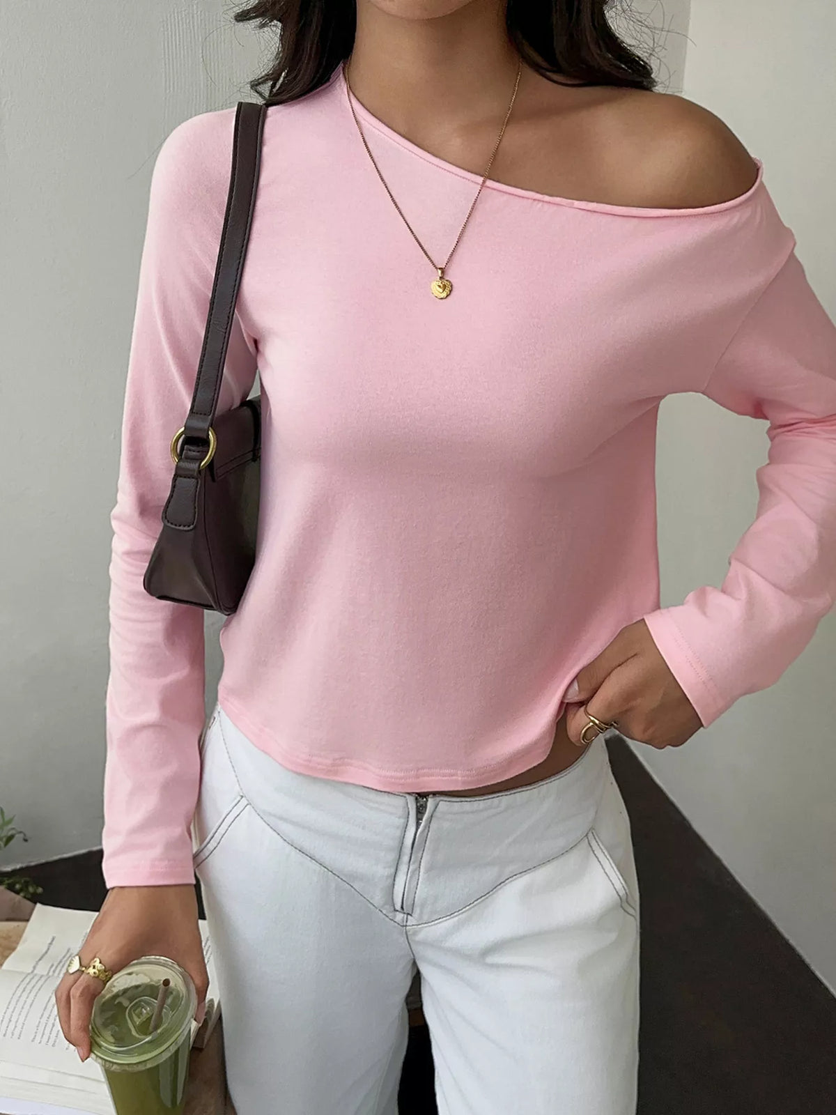 One-Shoulder T-Shirt in pink, front view