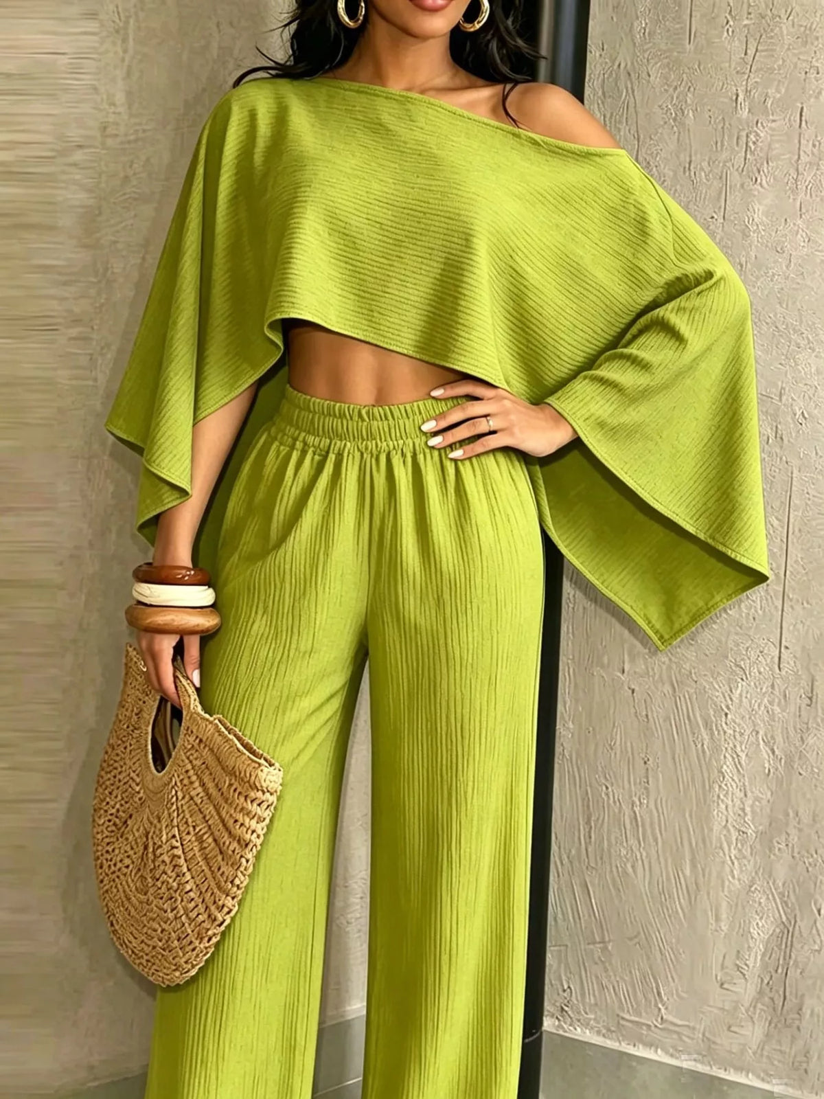 Women's Boat Neck Crop Top and Wide-Leg Pants Set in lime — front view