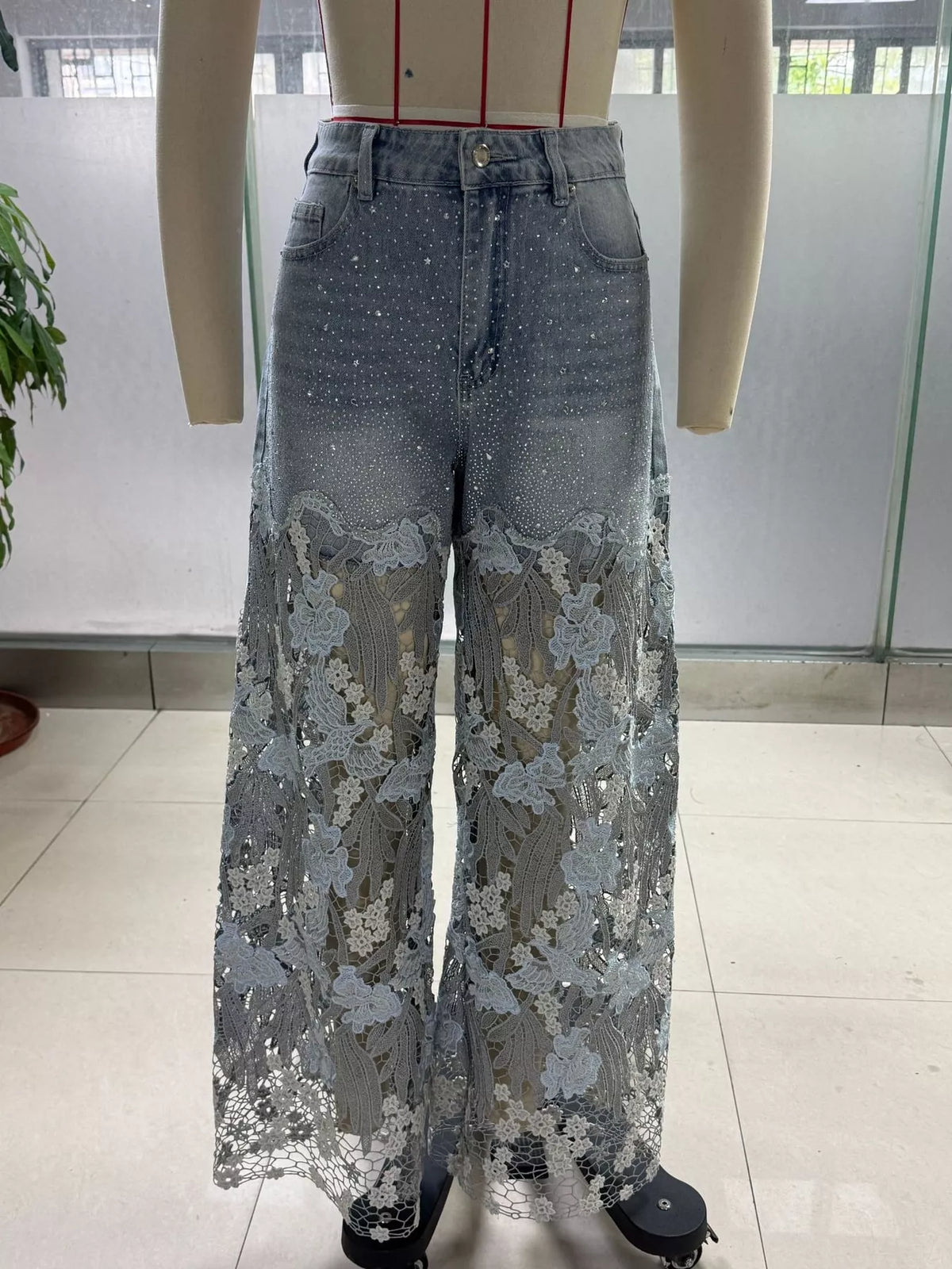 Light blue and white floral lace wide-leg jeans, product view