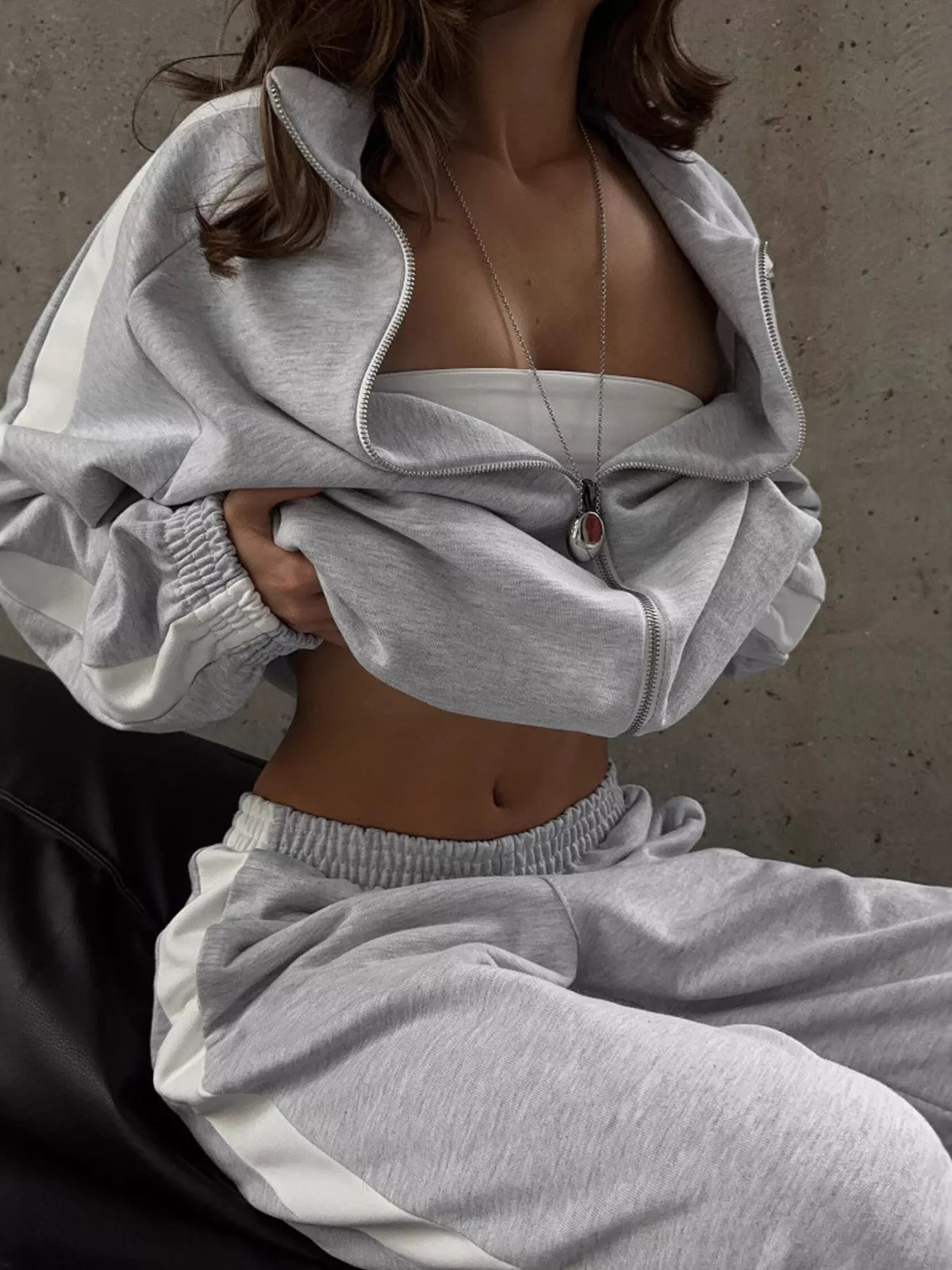 Trendsi Contrast Side Stripe Zip Up Top and Pants Set -
