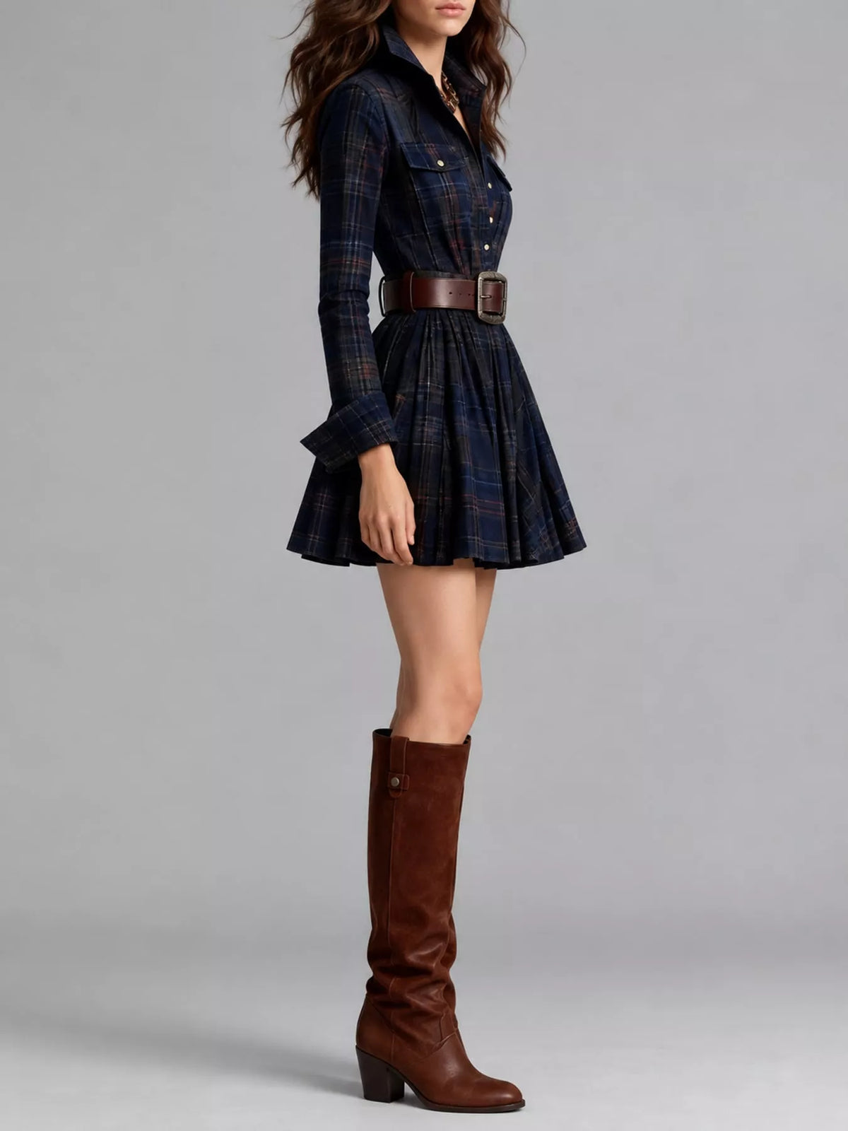 Navy plaid shirt dress, side view