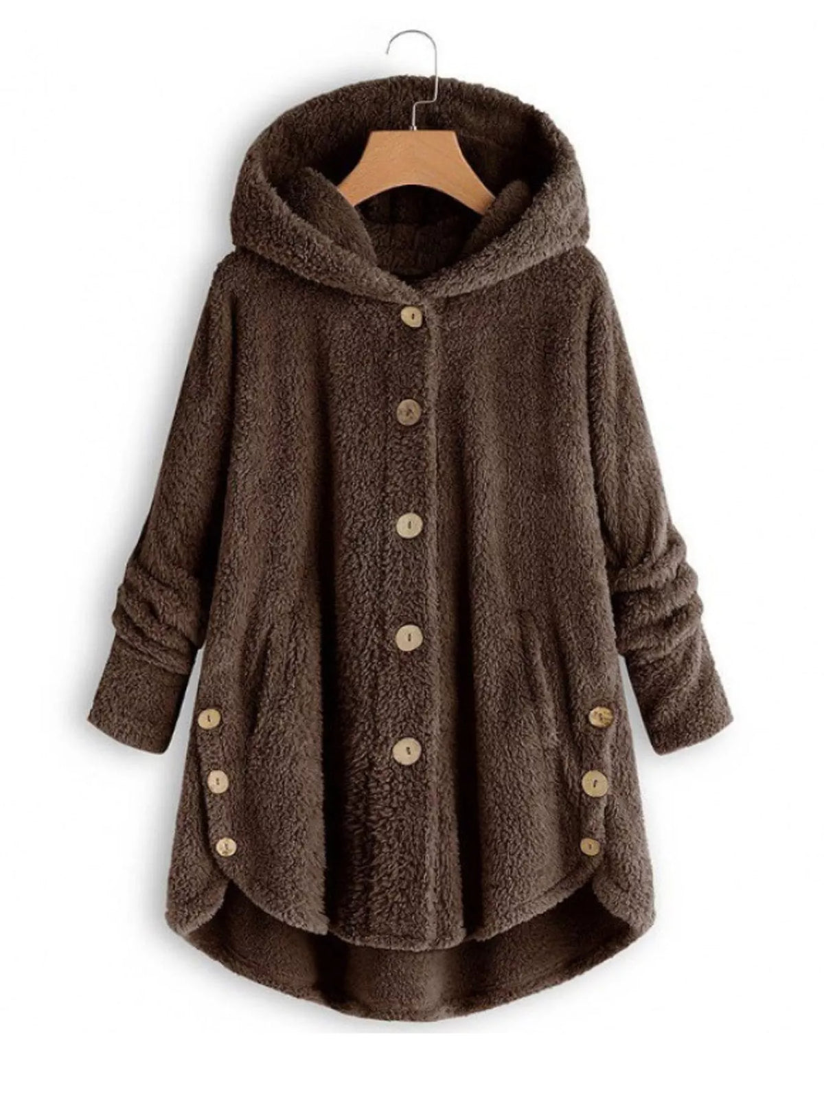 Brown fleece button-up hooded jacket with curved high-low hem