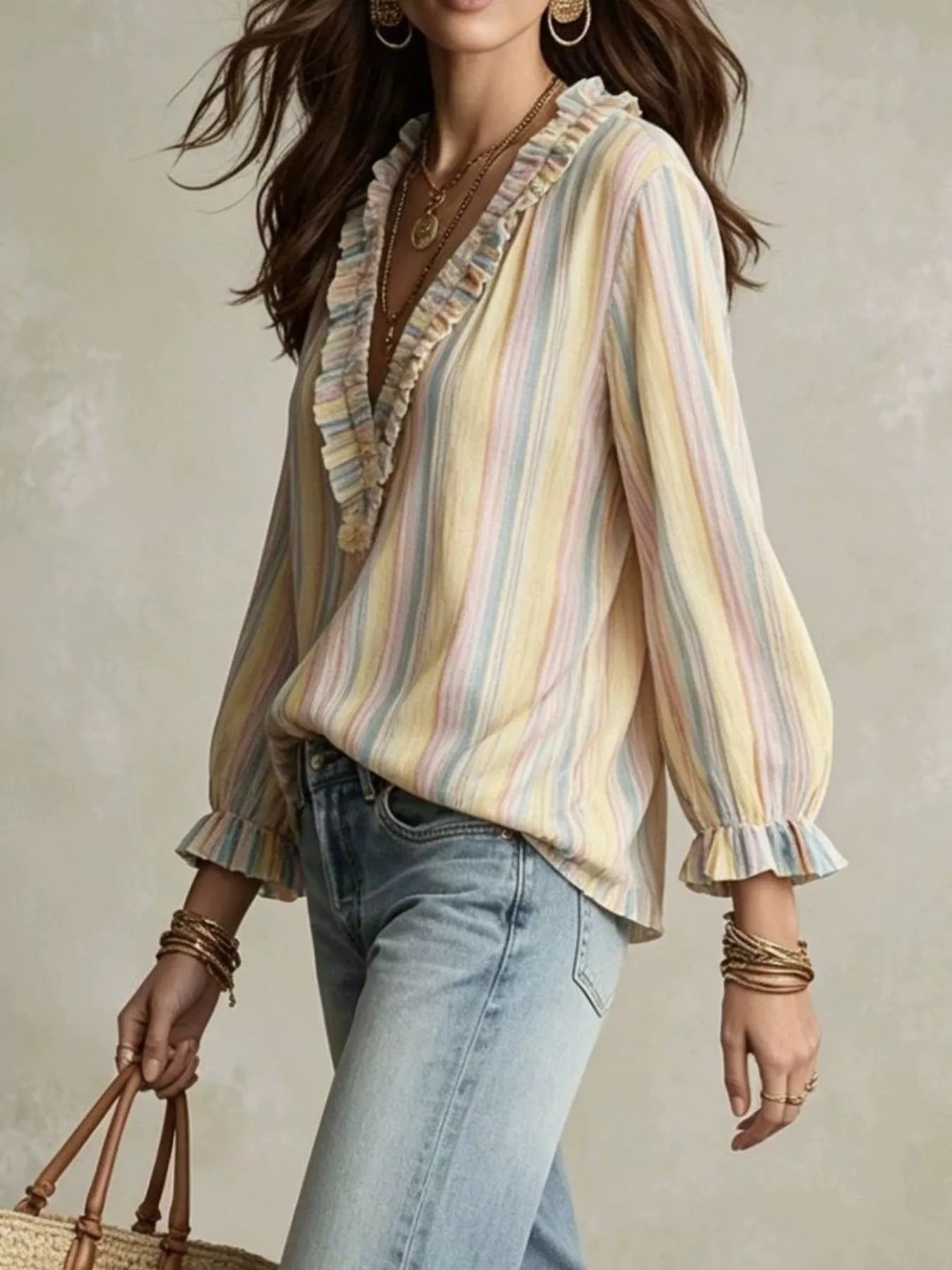 Trendsi Striped V-Neck Long Sleeve Blouse -