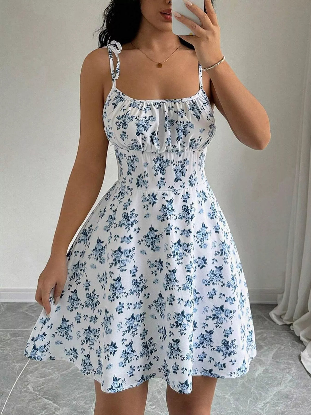 White floral print spaghetti strap a-line mini dress