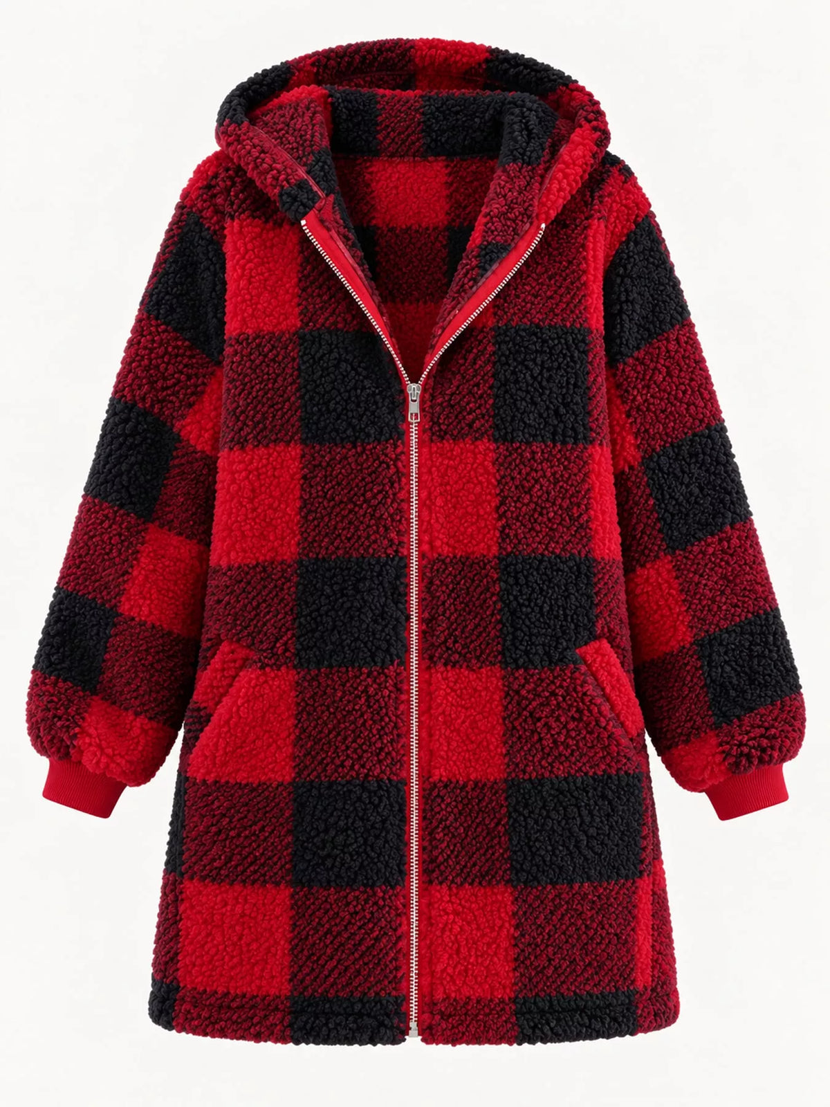 Red and black plaid sherpa hooded zip up jacket, front view